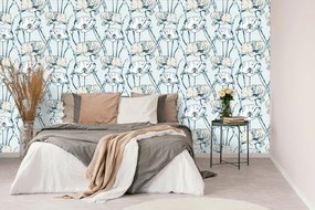 Carta da parati autoadesiva – Papaveri fioriti in blu-beige