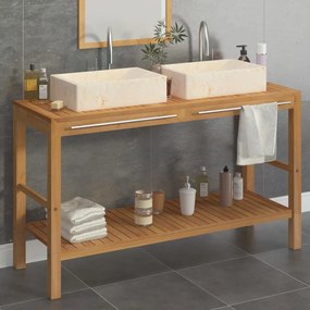 Armadietto Da Bagno İn Legno Di Teak Con Lavabi İn Marmo Crema /