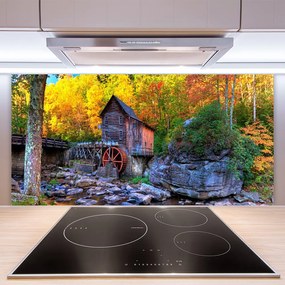 Pannello paraschizzi cucina Mulino ad acqua della foresta d'autunno 100x50 cm
