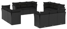 Set Divani da Giardino 12 pz con Cuscini Nero in Polyrattan