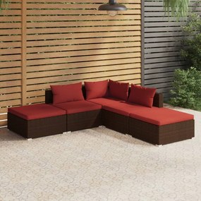 Set divani da giardino 5 pz con cuscini in polyrattan marrone