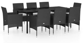 Set da pranzo per giardino 9 pz con cuscini nero
