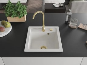Mexen Vito lavello da cucina in granito 1-vasca 520 x 490 mm, bianco, sifone dorato - 6503521000-20-G