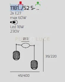 Sospensione ottone sat. 2 luci spostabile vetri tr + am 1181os-s2 s-ta