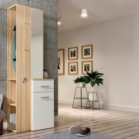 Mobile Ingresso 65x34x196 Con Specchio E Barra Appendiabiti Teka Bianco E Rovere