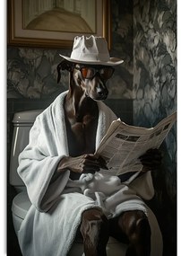 Quadro su tela – Cane con giornale in bagno