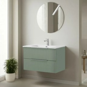 Mobile bagno sospeso 100 cm verde cannettato con lavabo e specchio tondo Zena