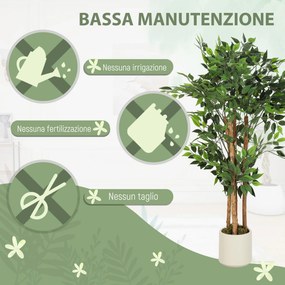 Pianta Artificiale di Baniano Alta 120 cm Verde in PEVA e Legno con Vaso Contenitore in PP e Cemento Bianco...
