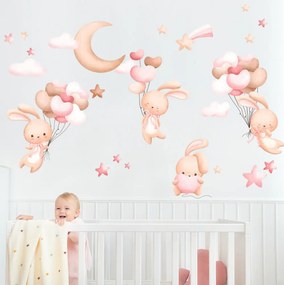Carta adesiva per parete - Coniglietti con palloncini rosa | Inspio