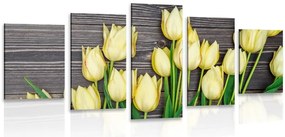 Quadri 5 pezzi – Affascinanti tulipani gialli su sfondo di legno
