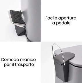 Pattumiera bagno 3lt in acciaio grigio con apertura a pedale e cesto estraibile