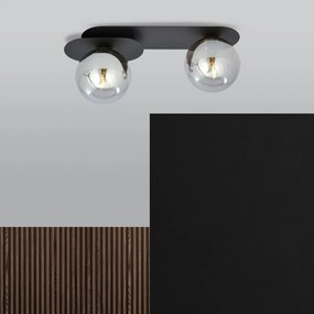 Plafoniera Minimal 2 Luci Teia In Acciaio Nero E Sfere Vetro Fumè