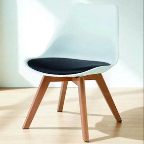 Sedia in polipropilene bianca con cuscino nero in ecopelle,struttura base legno