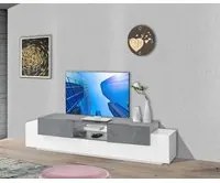 Mobile da soggiorno Porta TV, Made in Italy, Credenza per TV da salotto a 4 ante e ripiani, cm 220x45h51, Bianco lucido e Grigio Ardesia