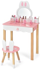 Costway Set tavolo toeletta con specchio e cassetti per bambini, Tavolo da trucco con sedia e scatole 60x34x103cm Rosa