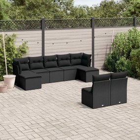 Set divani da giardino 9 pz con cuscini nero in polyrattan