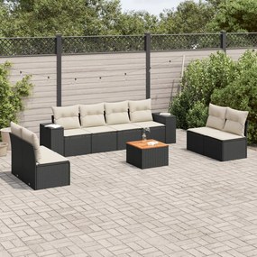 Set divani da giardino 9 pz con cuscini nero in polyrattan