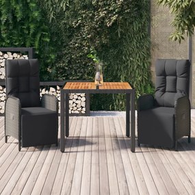 Set Da Pranzo Da Giardino 3 Pz Con Cuscini Nero İn Polyrattan /