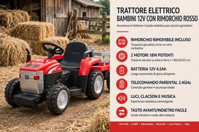 Trattore Elettrico per Bambini 12V con Rimorchio Rosso...