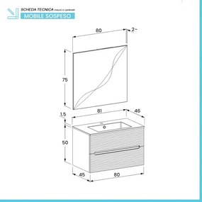 Mobile bagno sospeso 80 rovere cannettato 2 cassetti lavabo e specchio Rigo