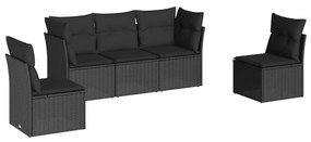 Set divani da giardino 5 pz con cuscini in polyrattan nero