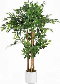 Pianta Artificiale di Baniano Alta 120 cm Verde in PEVA e Legno con Vaso Contenitore in PP e Cemento Bianco...