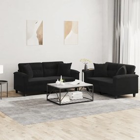 Set Divani 2 Pz Con Cuscini Nero İn Tessuto Microfibra /