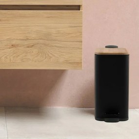 Pattumiera bagno 5 Lt in acciaio con coperchio in bambù nera con apertura a pedale Rexa