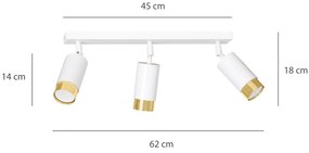 Plafoniera 3 Luci A Faretti Orientabili A Cilindro In Acciaio Bianco E Oro