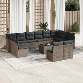 Set divani da giardino 13 pz con cuscini grigio in polyrattan