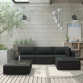 Set divani da giardino 5 pz con cuscini in polyrattan nero