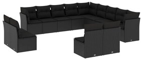 Set Divani da Giardino 13pz con Cuscini Nero in Polyrattan