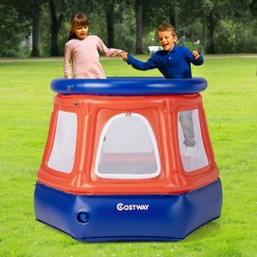 Costway Trampolino gonfiabile per bambini età 3-10 anni con rete di sicurezza, Mini trampolino rotondo con pompa a mano