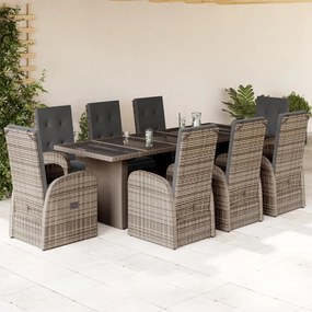 Set da pranzo da giardino 9 pz con cuscini in polyrattan grigio