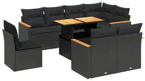 Set divani da giardino 9 pz con cuscini nero in polyrattan