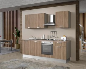 Cucina montata Dora rovere chiaro, lavello a sinistra, L 240 cm, completa di: cappa a camino, piano cottura a gas, forno,