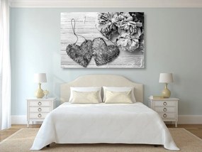 Stampa su tela – Peonie e cuoricini di betulla in bianco e nero