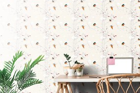 Carta da parati – Uccellini nella foresta fitta con sfondo beige