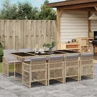 Set da Pranzo da Giardino 9 pz con Cuscini Beige in Polyrattan 3210744