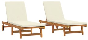 Lettini prendisole 2 pz con ruote e cuscino in legno massello di acacia