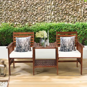 Costway Set di sedie e tavolo in legno di acacia per esterni con foro per ombrello da 5cm, Set di mobili a 2 posti Bianco