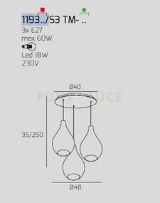 Sosp. ottone sat. 3 luci tonda vetri medi ambra 1193os-s3 tm-am