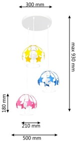 Lampadario a sospensione per bambini STARS 3xE27/15W/230V blu/rosa/giallo