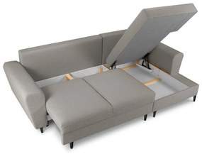 Divano angolare grigio chiaro allungabile e con contenitore (con penisola a destra/con chaise lounge) con rivestimento in bouclé Kyoto – Cosmopolitan Design