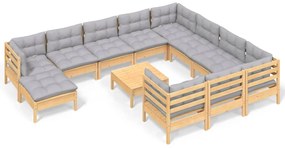 Set divani da giardino 12 pz con cuscini grigi massello di pino