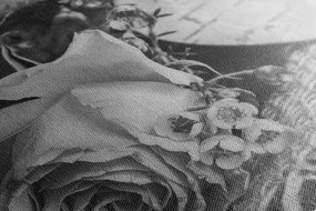 Quadro su tela – Rose e cuore in juta in bianco e nero