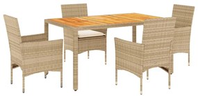 Set pranzo da giardino 5 pz con cuscini beige polyrattan acacia