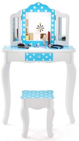 Costway Toeletta trucco per bambina con sgabello triplo specchio e cassetto, Tavolo per trucco con fantasia a pois 2 Colori
