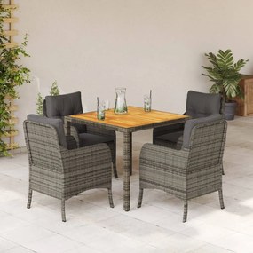 Set da pranzo da giardino 5 pz con cuscini in polyrattan grigio