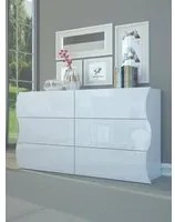 Com ondulato, Made in Italy, Mobiletto per Soggiorno e Camera, Credenza 6 cassetti, Bianco lucido, cm 155x40h82